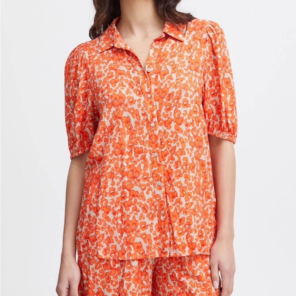 ✨BNWT - ICHI Aya Printed Shirt Orange – Divine Blouse - size 36✨